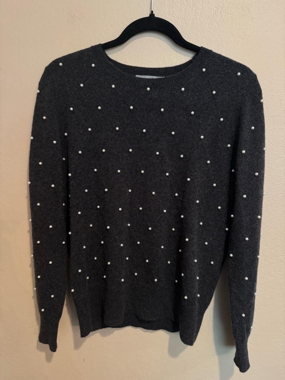 Neiman Marcus Vintage Cashmere Charcoal Pearl-Embellished Crewneck Sweater - Picture 2 of 9